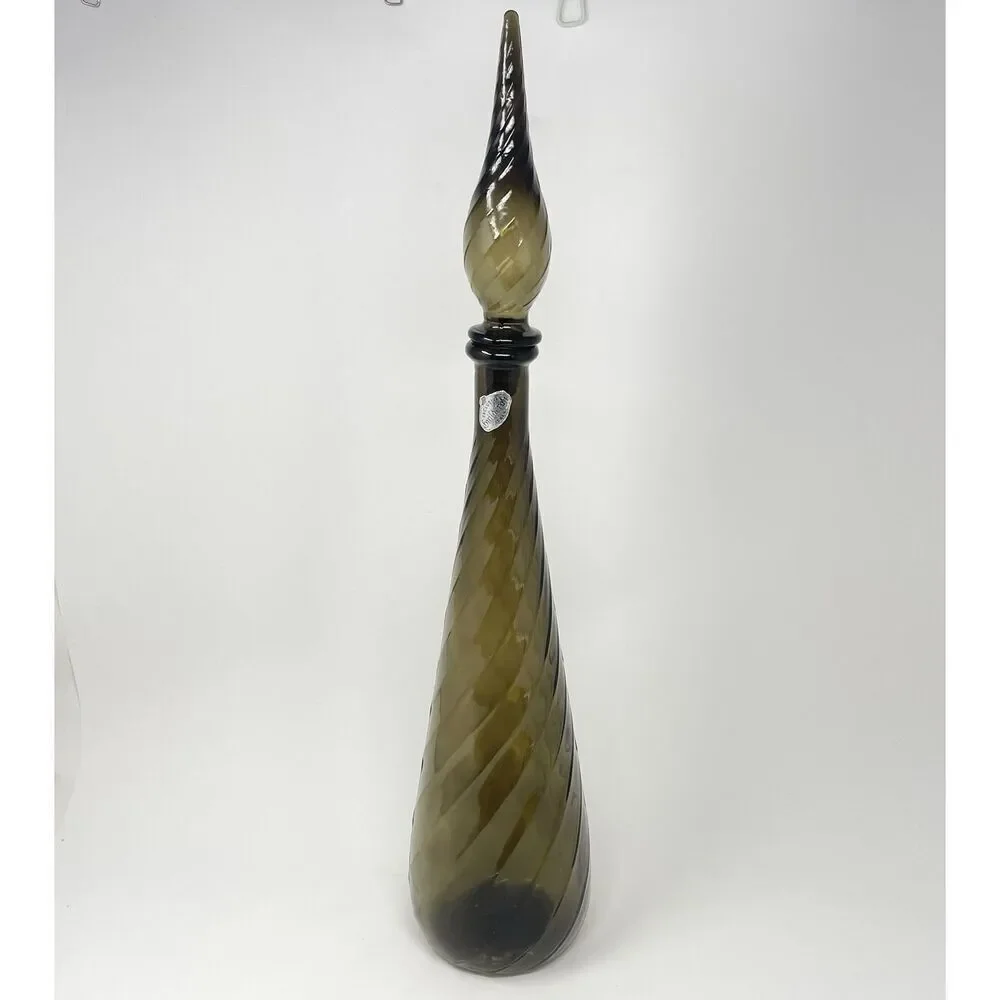 Vintage Guildcraft Empoli Smoke Gray Glass Genie Bottle Decanter 21” W/ Stopper